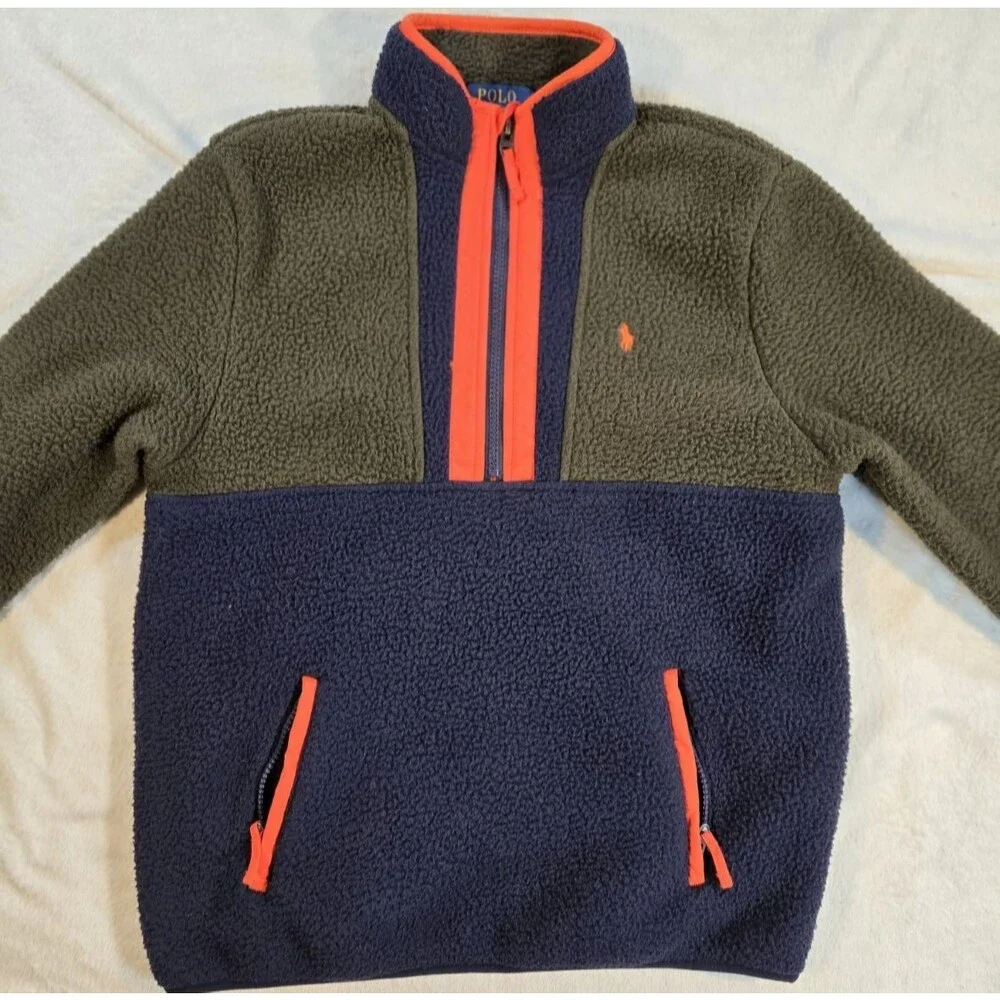 Polo Ralph Lauren Fleece Colorblock Q Zip Pullover Green Blue Youth Large 14/16